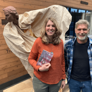 Author Marnie Pehrson Kuhns with Nick Ring, sculptor of the Dicey Langston Monument